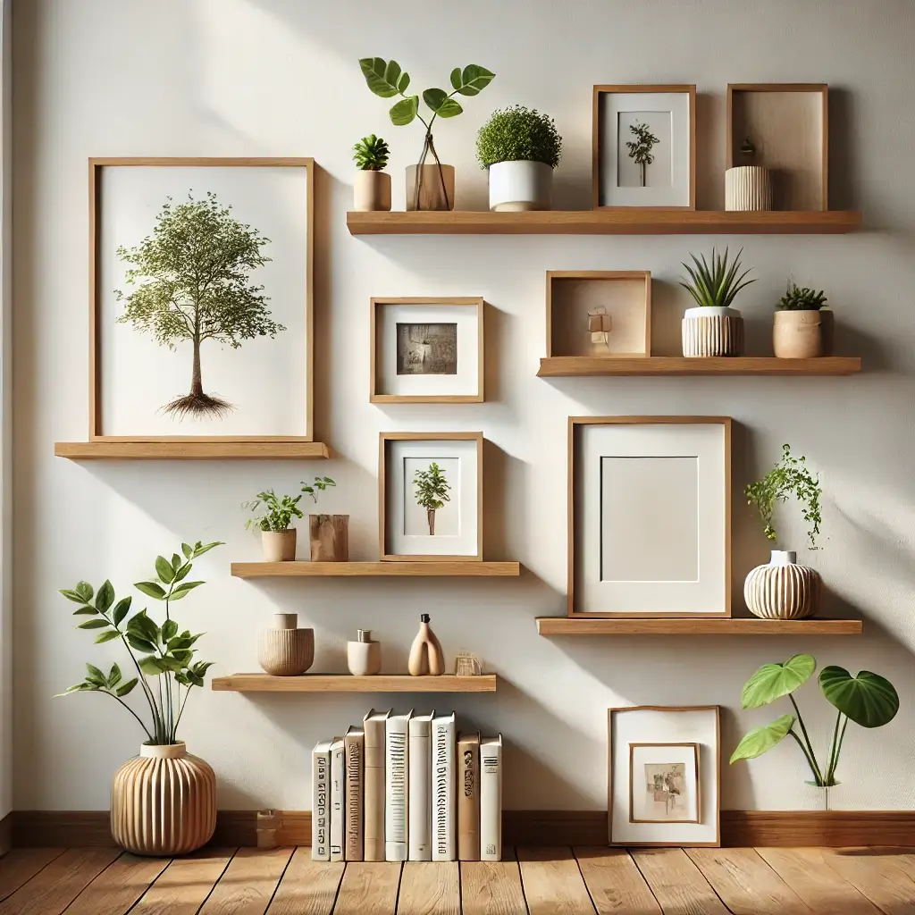 Floating wooden shelves on a white wall