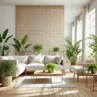 bright living room wooden slats decor