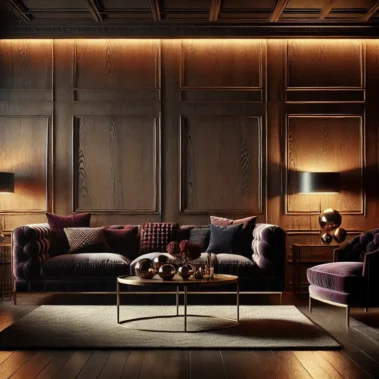 moody living room with dark wooden wall panels